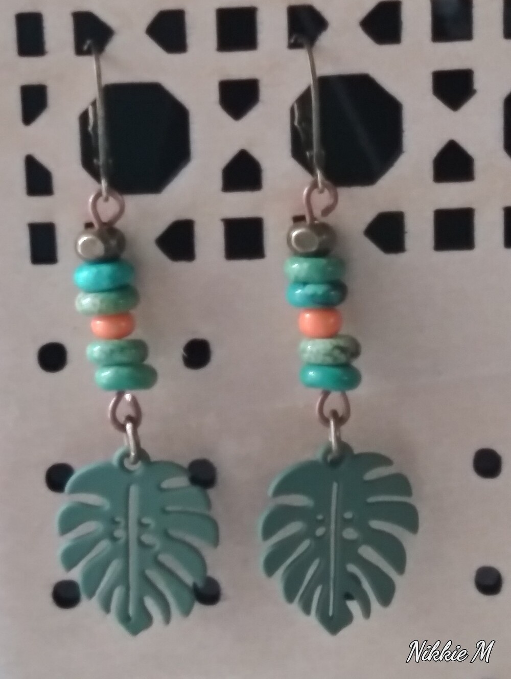 Green Monstera Leaf Bead Drop Earrings